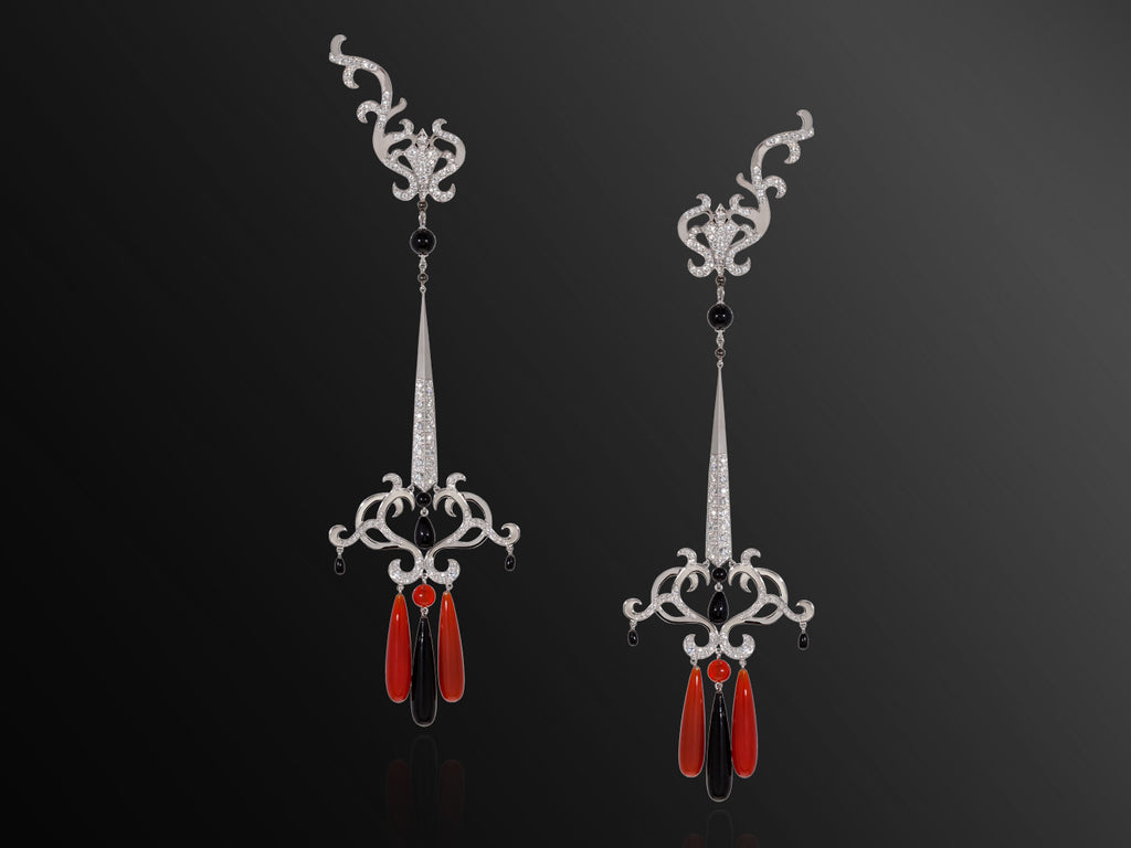 Amanee Arabesque Earrings with Diamonds, Agate and Onyx